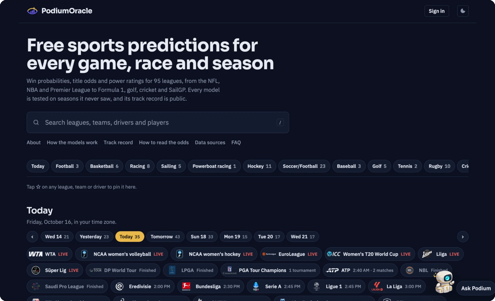 The PodiumOracle home page listing leagues with today's games and win probabilities
