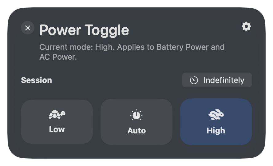 The PowerToggle popup: a compact floating window showing the current power mode and the Low, Auto and High options