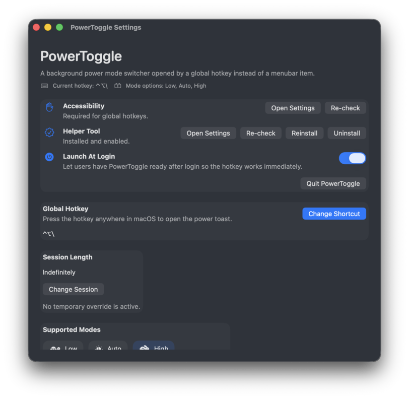 The PowerToggle settings window with hotkey, session and start-at-login options