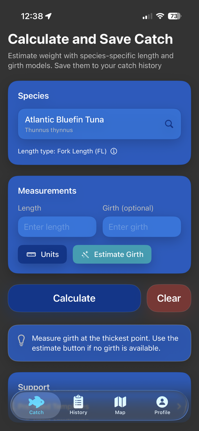 The ScaleScience calculator screen: a species picker set to Atlantic Bluefin Tuna, length and girth fields, and an Estimate Girth button