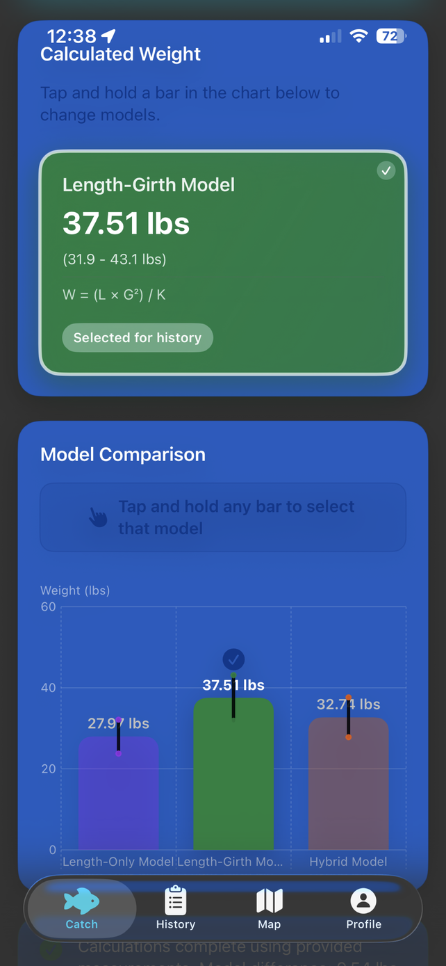 The calculated weight screen showing a length-girth model at 37.51 lbs with a range, above a chart comparing three models